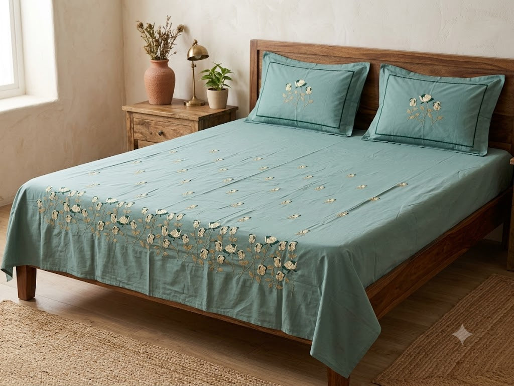 Premium Designer Embroidered Satin Cotton Bedsheet Set