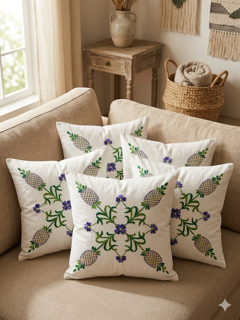 Hand Embroidered Cotton Cushion Covers (Set of 5)