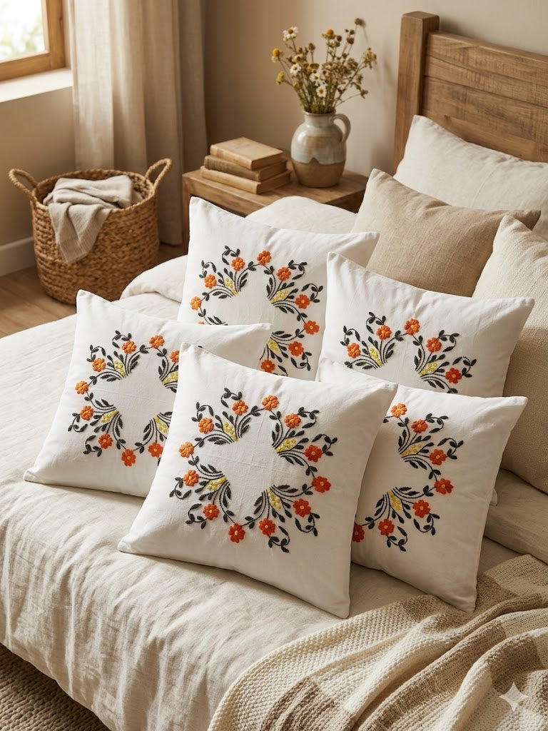 Hand Embroidered Cotton Cushion Covers (Set of 5)