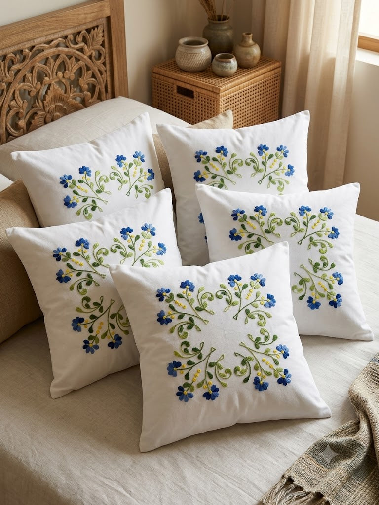 Hand Embroidered Cotton Cushion Covers (Set of 5)