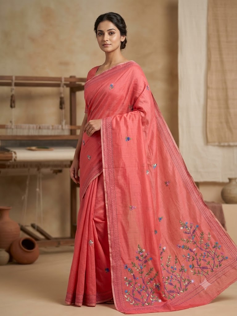 Premium Handcrafted Bullion Stitch Work Chanderi Saree with Blouse Piece