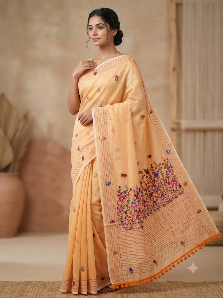 Premium Handcrafted Bullion Stitch Work Chanderi Saree with Blouse Piece