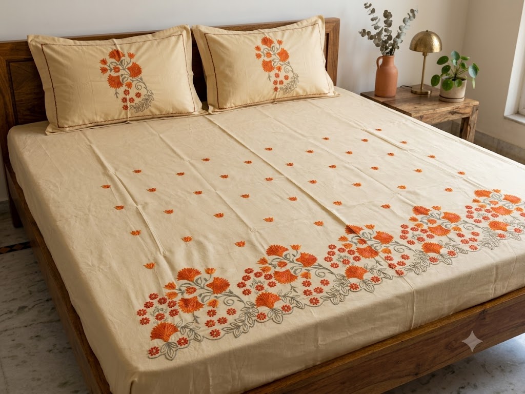 Premium Designer Embroidered Satin Cotton Bedsheet Set