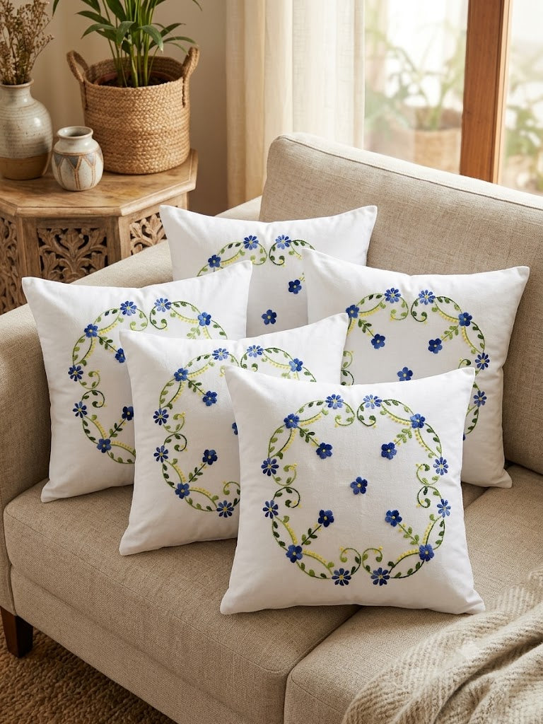 Hand Embroidered Cotton Cushion Covers (Set of 5)