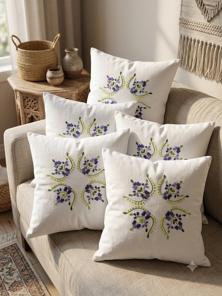 Hand Embroidered Cotton Cushion Covers (Set of 5)