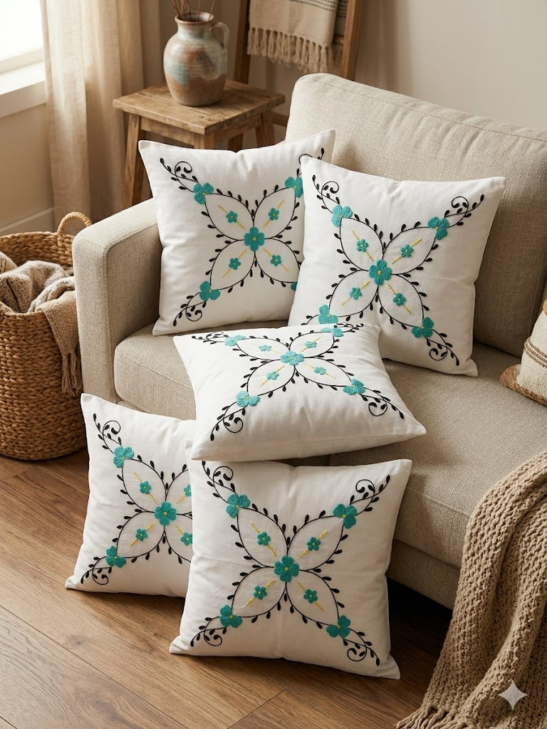 Hand Embroidered Cotton Cushion Covers (Set of 5)