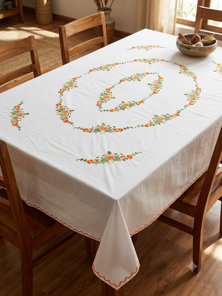 Hand Embroidered Floral Six Seater Table Cover