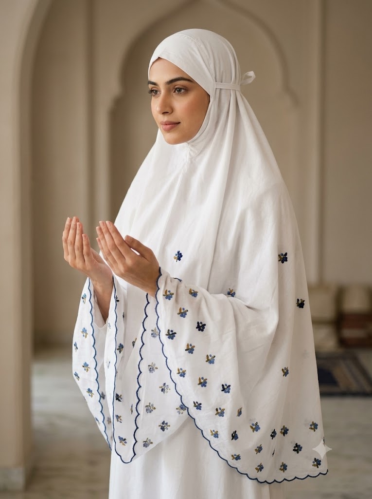 Chikonwala Hand Embroidered Cotton Islamic Namaz Hijab with Floral Embroidery
