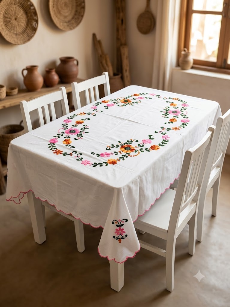 Hand Embroidered Four Seater Floral Table Cover