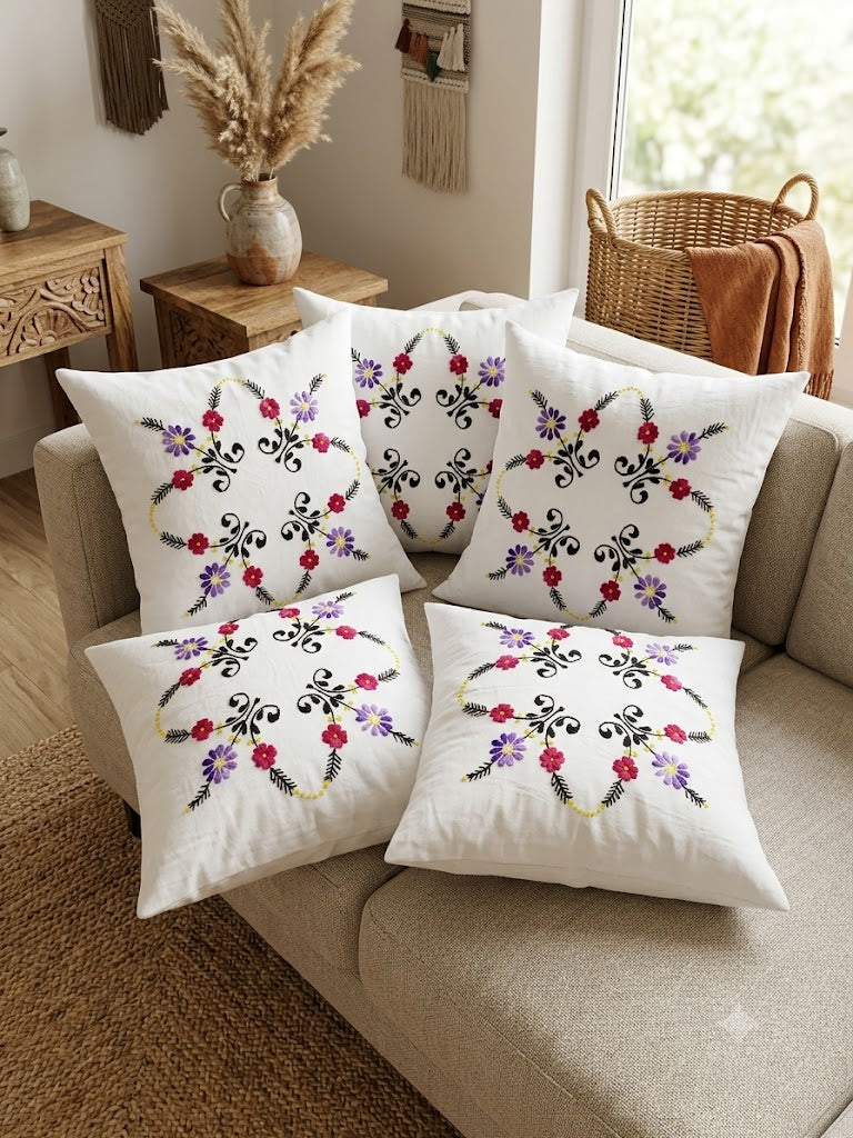 Hand Embroidered Cotton Cushion Covers (Set of 5)