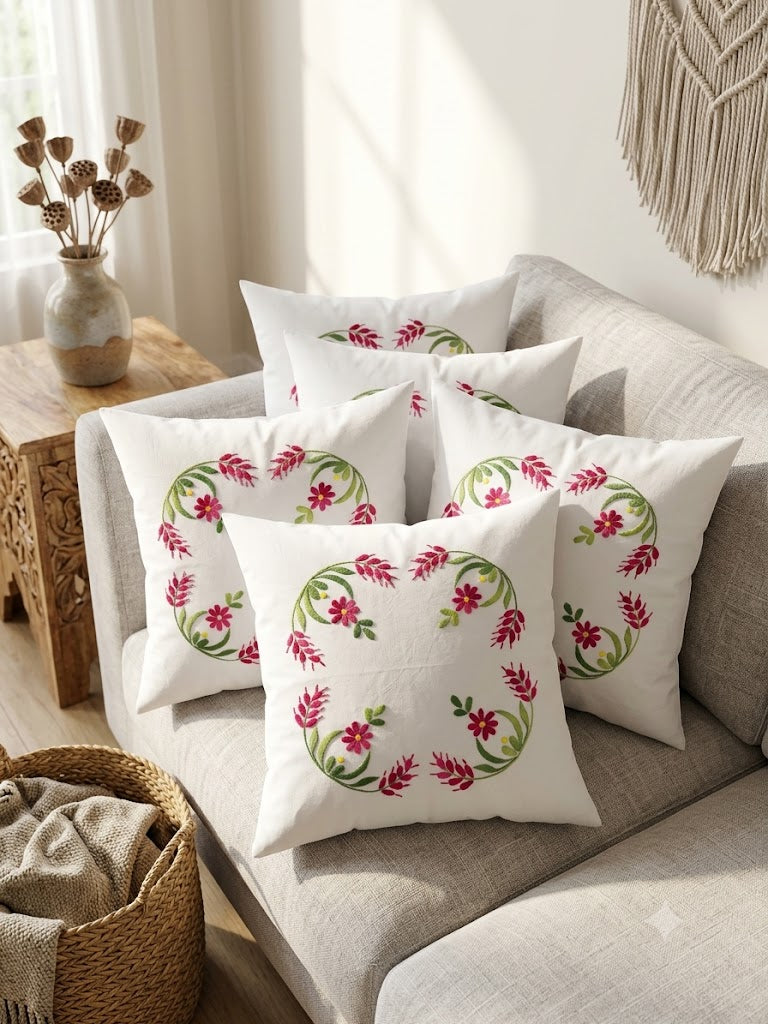 Hand Embroidered Cotton Cushion Covers (Set of 5)