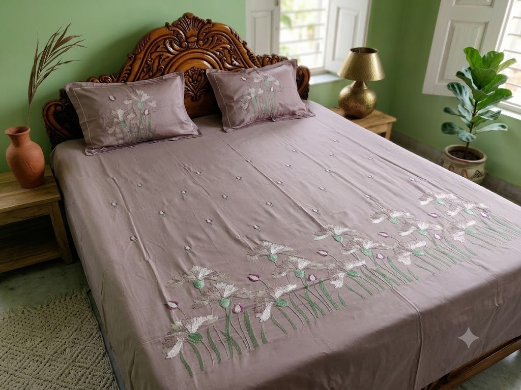 Premium Designer Embroidered Satin Cotton Bedsheet Set