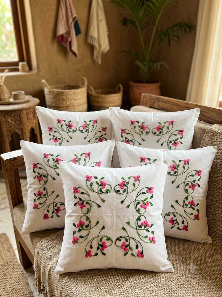 Hand Embroidered Cotton Cushion Covers (Set of 5)