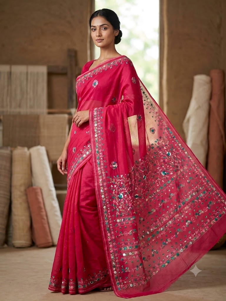 Premium Handcrafted Bullion Stitch Work Chanderi Saree with Blouse Piece
