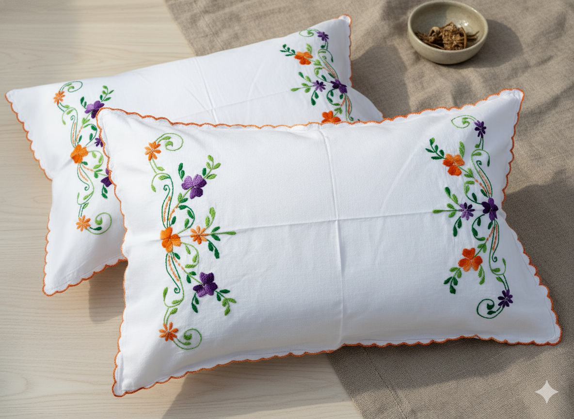 Chikonwala Hand-Embroidered Floral Pillow Cover Set– Set of 2