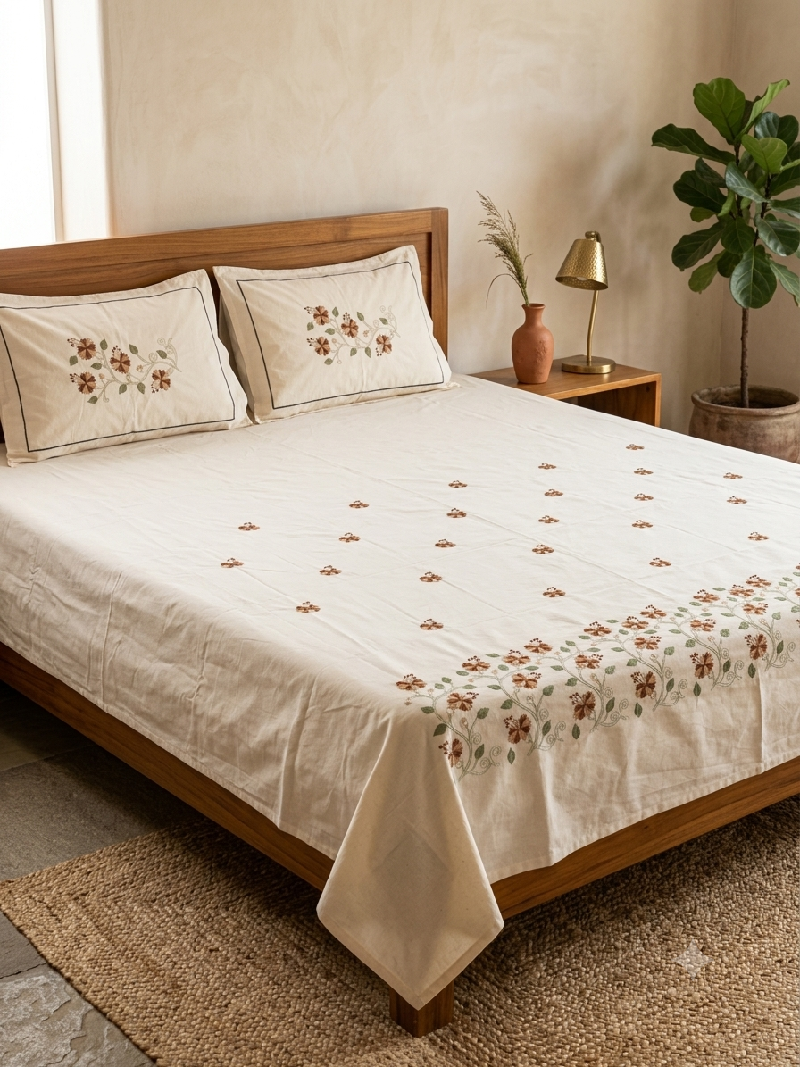 Premium Designer Embroidered Satin Cotton Bedsheet Set