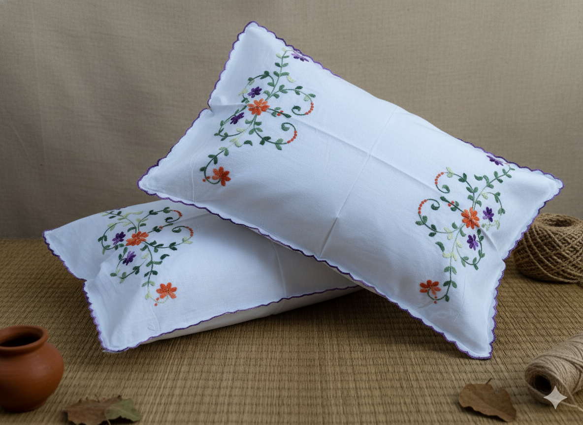 Chikonwala Hand-Embroidered Floral Pillow Cover Set– Set of 2