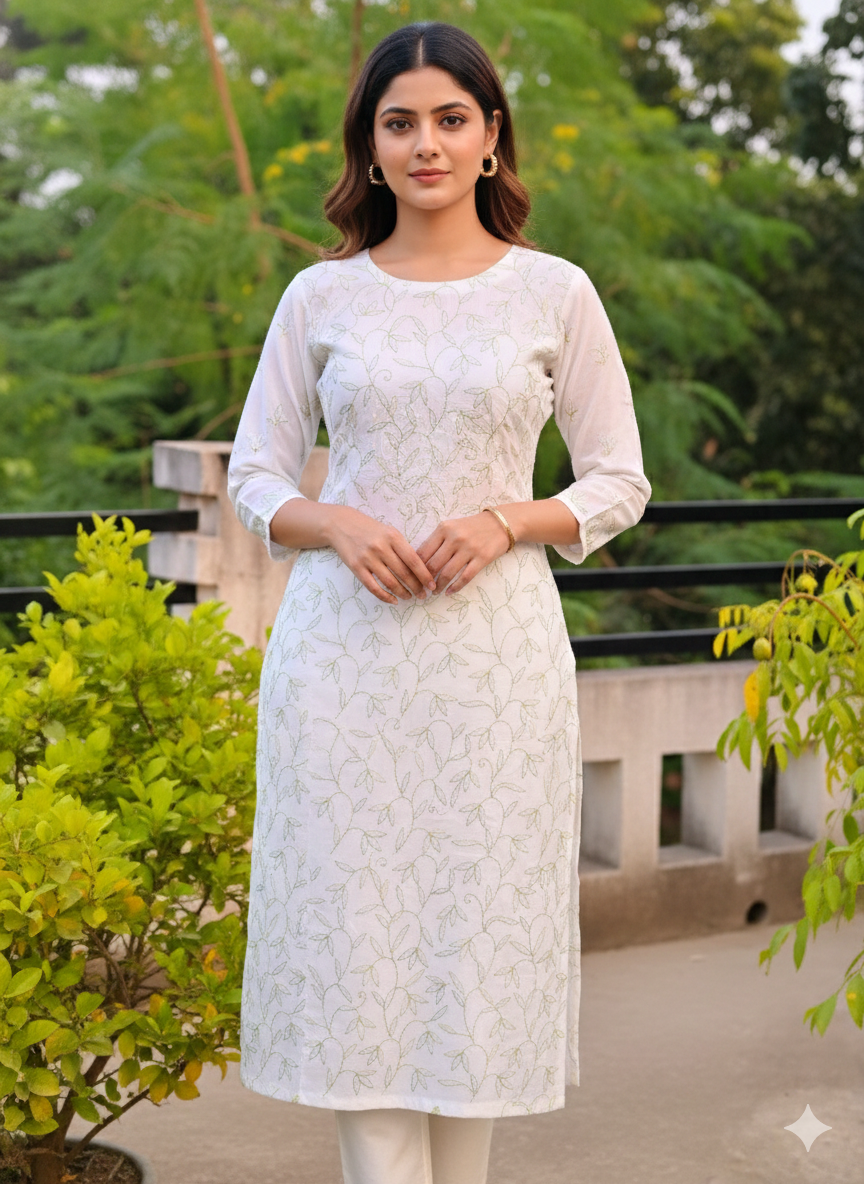 Hand Embroidered Pure Cotton Kurti Material – Pure White | 3 Meter Premium Fabric | Made in India