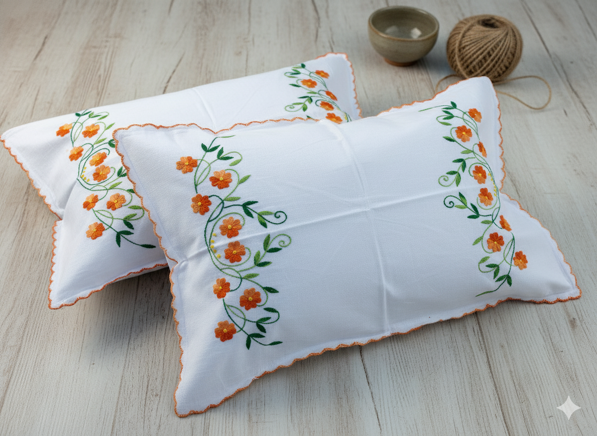Chikonwala Hand-Embroidered Floral Pillow Cover Set– Set of 2