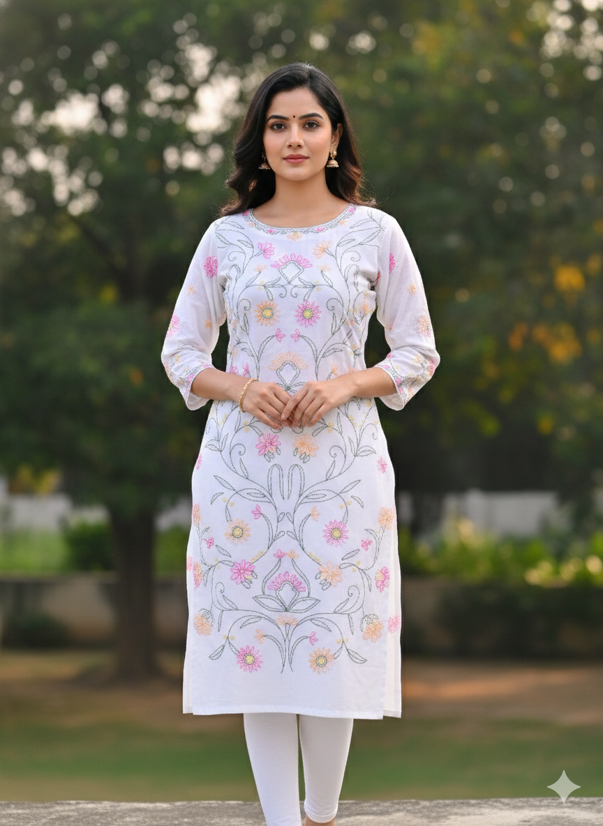 Hand Embroidered Pure Cotton Kurti Material – Pure White | 3 Meter Premium Fabric | Made in India