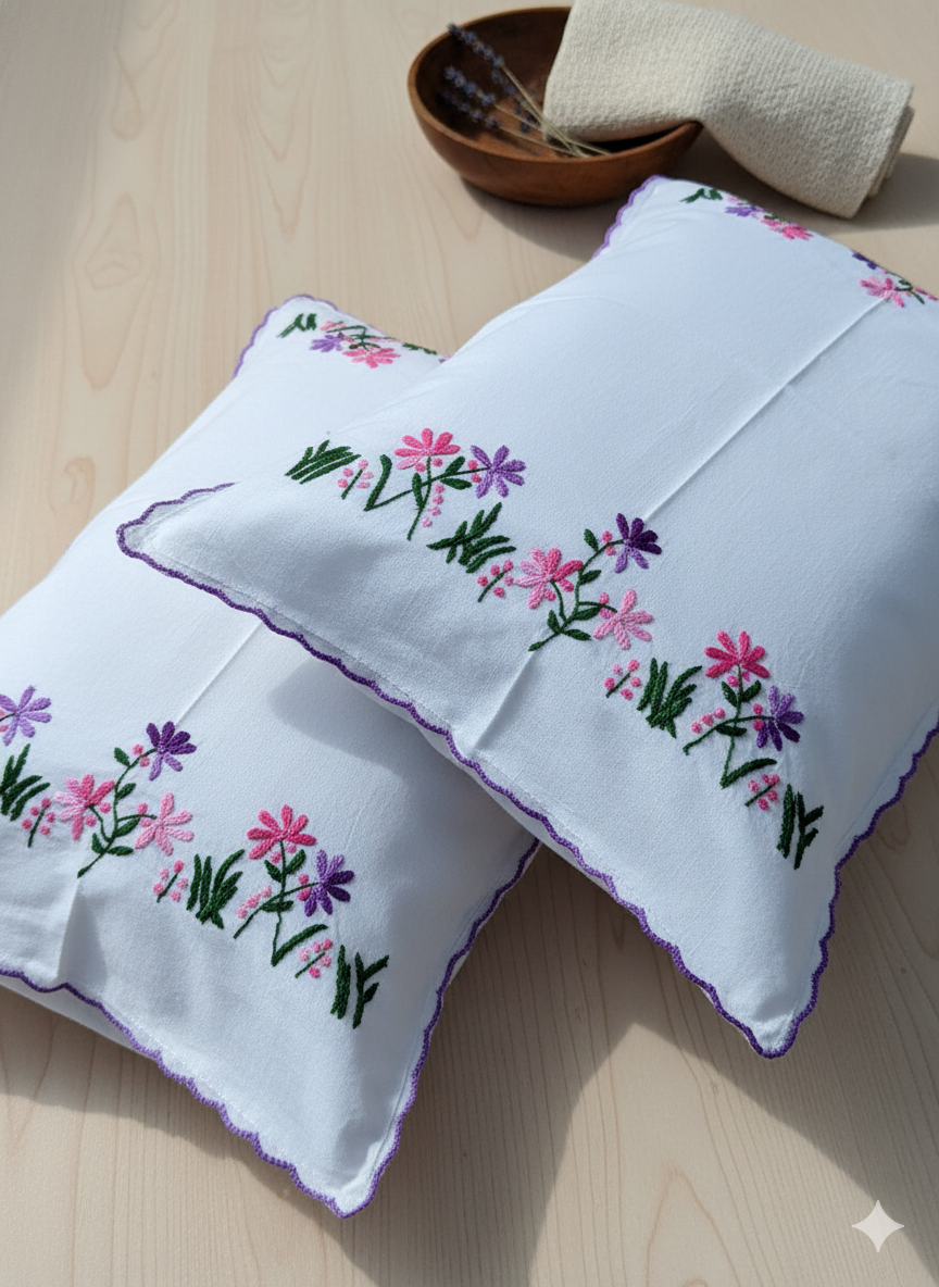 Chikonwala Hand-Embroidered Floral Pillow Cover Set– Set of 2
