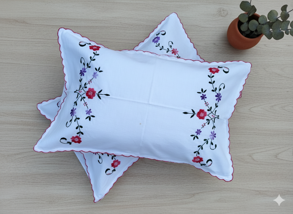 Chikonwala Hand-Embroidered Floral Pillow Cover Set– Set of 2