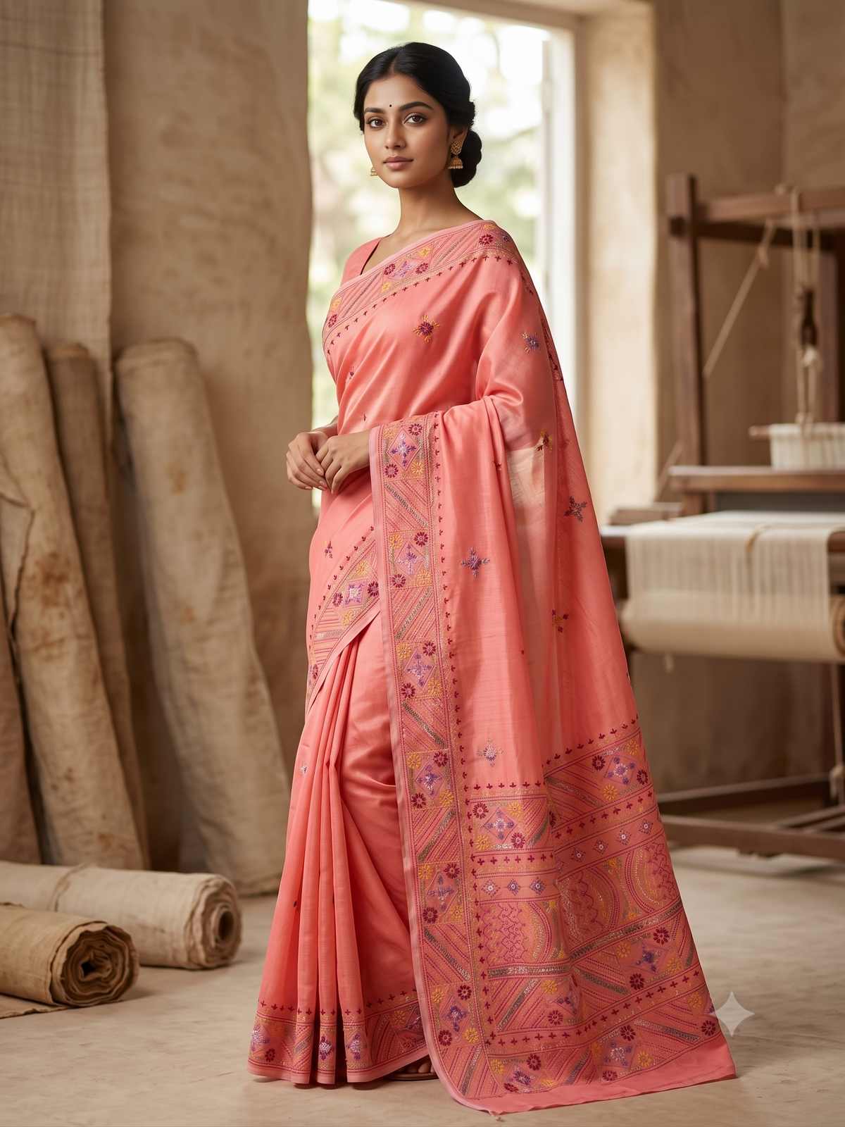 Premium Handcrafted Bullion Stitch Work Chanderi Saree with Blouse Piece