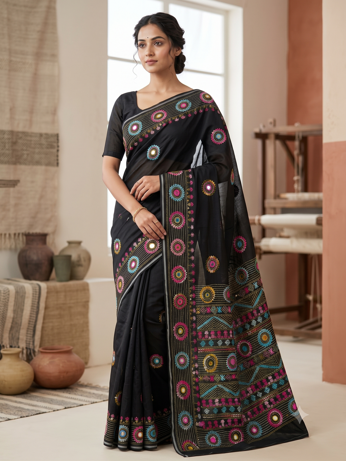 Premium Handcrafted Bullion Stitch Work Chanderi Saree with Blouse Piece