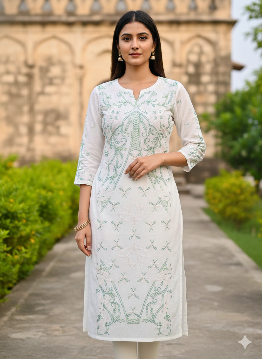 Hand Embroidered Pure Cotton Kurti Material – Pure White | 3 Meter Premium Fabric | Made in India