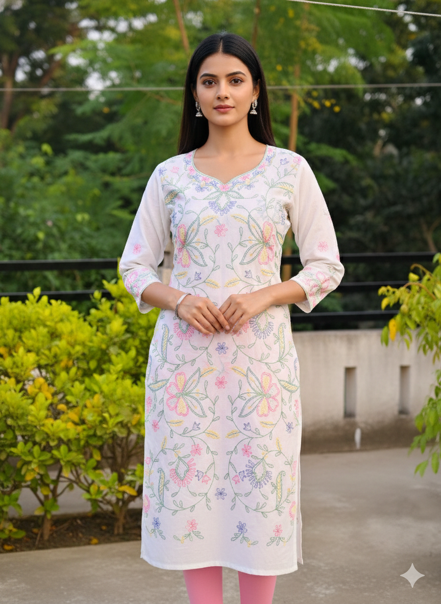 Hand Embroidered Pure Cotton Kurti Material – Pure White | 3 Meter Premium Fabric | Made in India