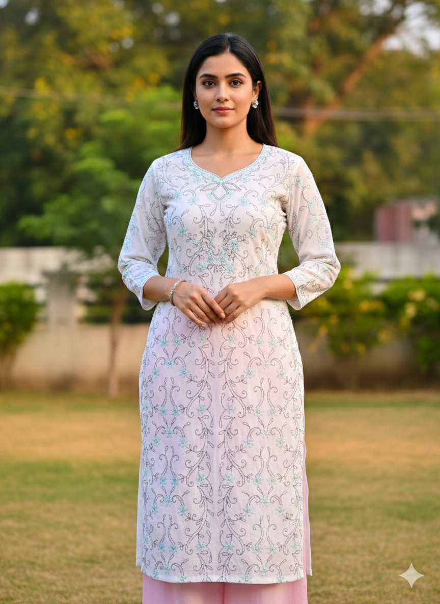 Hand Embroidered Pure Cotton Kurti Material – Pure White | 3 Meter Premium Fabric | Made in India