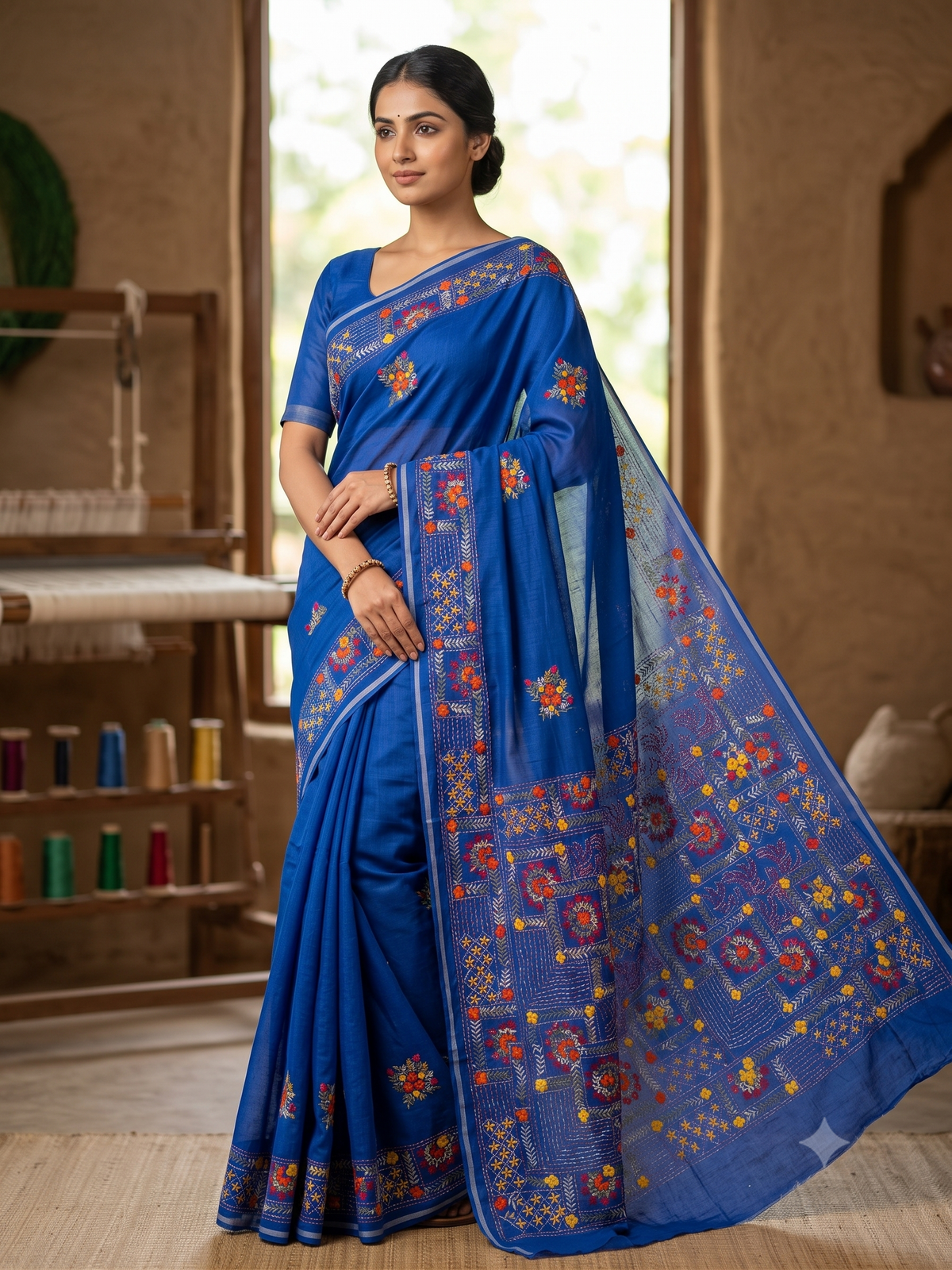 Premium Handcrafted Bullion Stitch Work Chanderi Saree with Blouse Piece