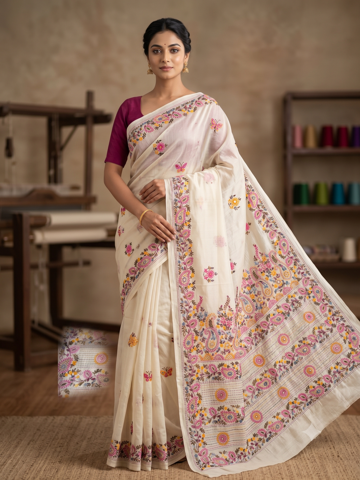 Premium Handcrafted Bullion Stitch Work Chanderi Saree with Blouse Piece