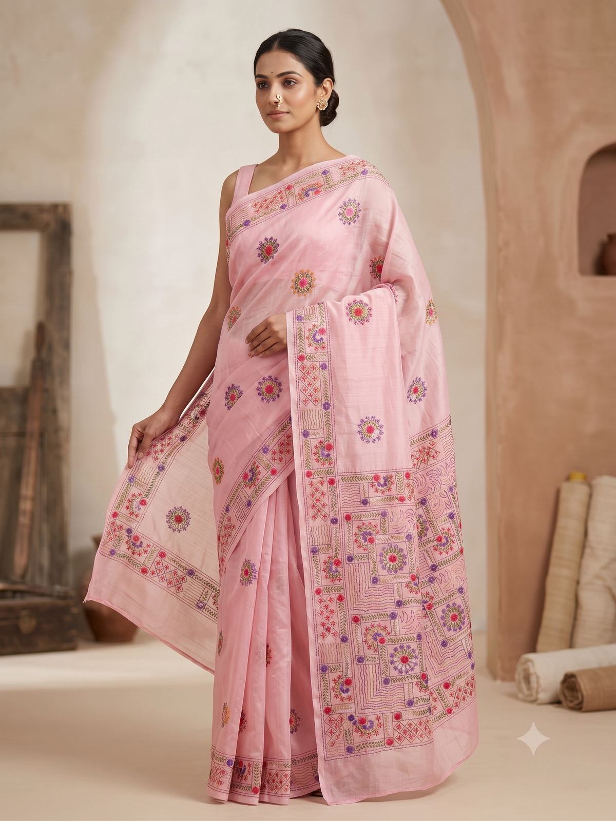 Premium Handcrafted Bullion Stitch Work Chanderi Saree with Blouse Piece