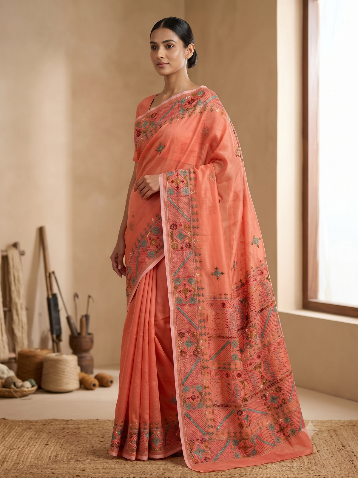 Premium Handcrafted Bullion Stitch Work Chanderi Saree with Blouse Piece
