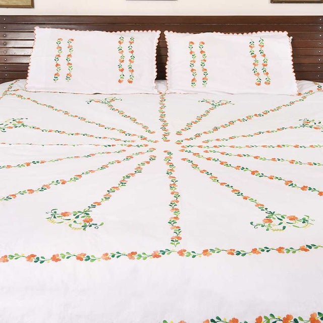 Chikonwala's Hand Embroidered Floral Design Pure White Bedsheet