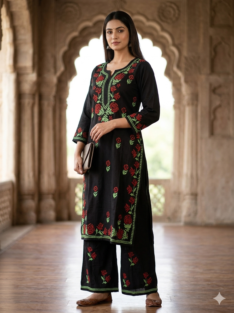 Black Modal Chikankari Hand Embroidered 2-Piece Kurti Pant Set