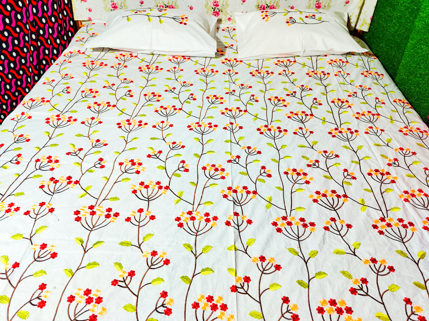 Chikonwala's Machine Embroidered Floral Design Bedsheet