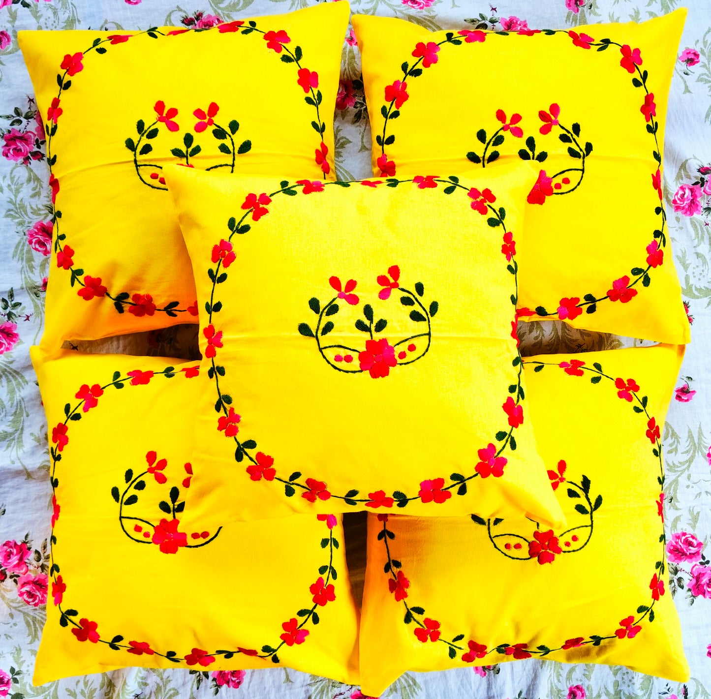 Hand Embroidered Cotton Cushion Covers (Set of 5)