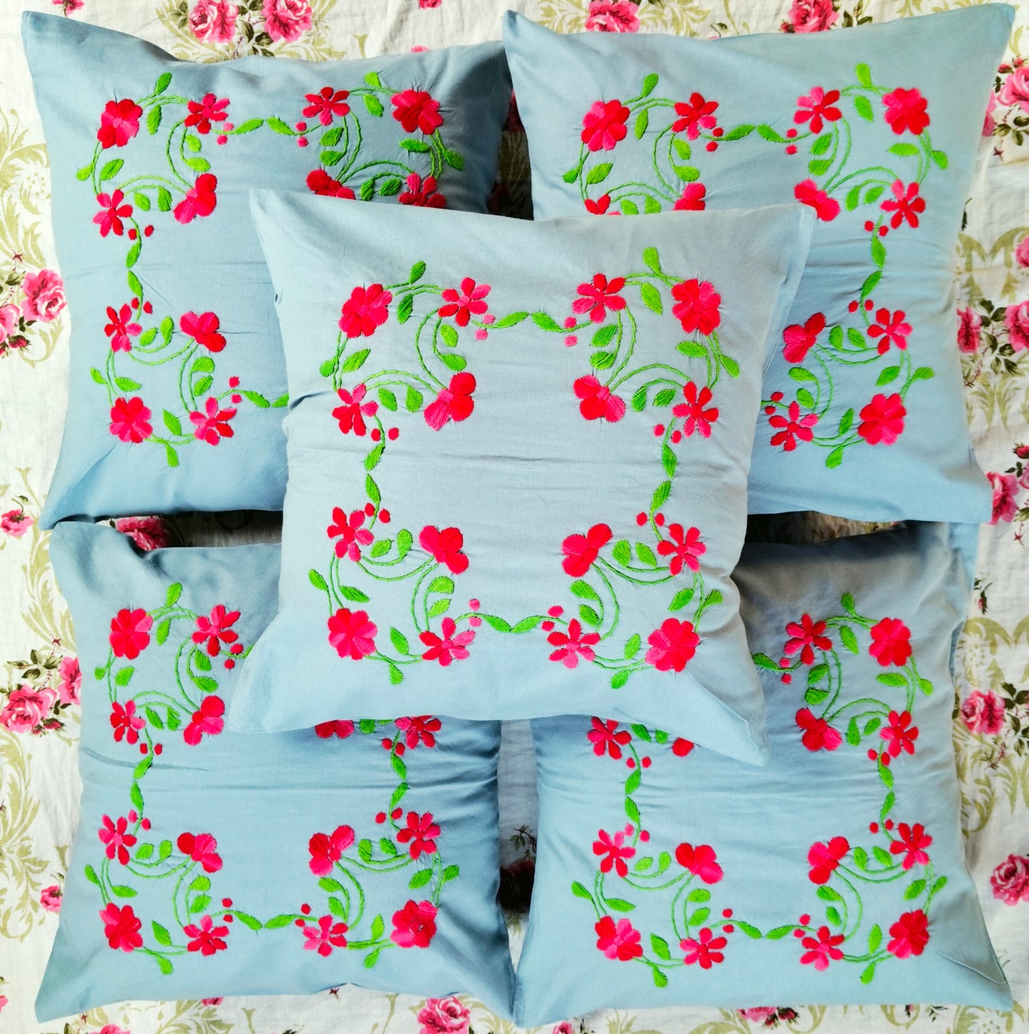 Hand Embroidered Cotton Cushion Covers (Set of 5)