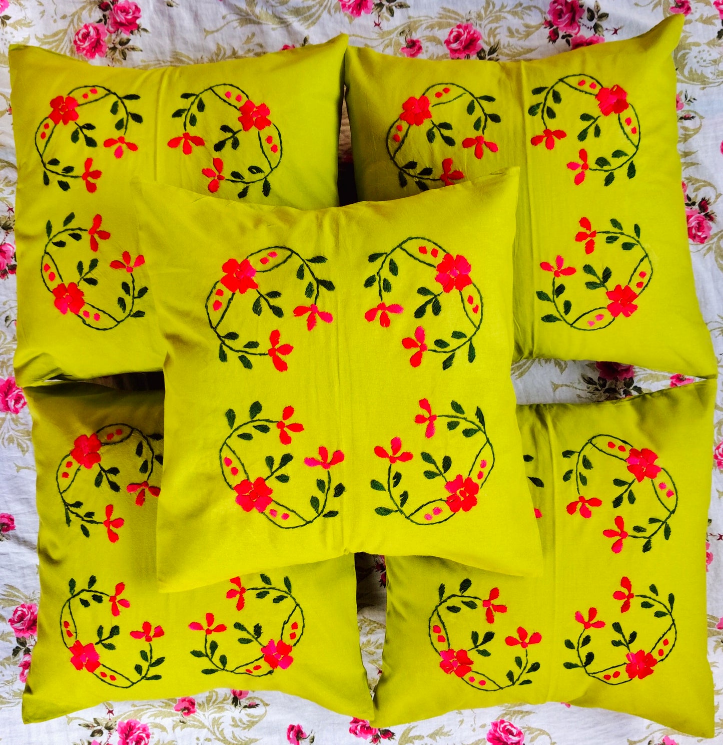 Hand Embroidered Cotton Cushion Covers (Set of 5)