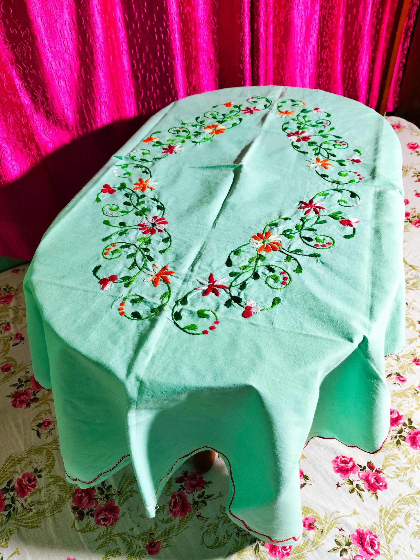 Hand Embroidered Floral Table Cover