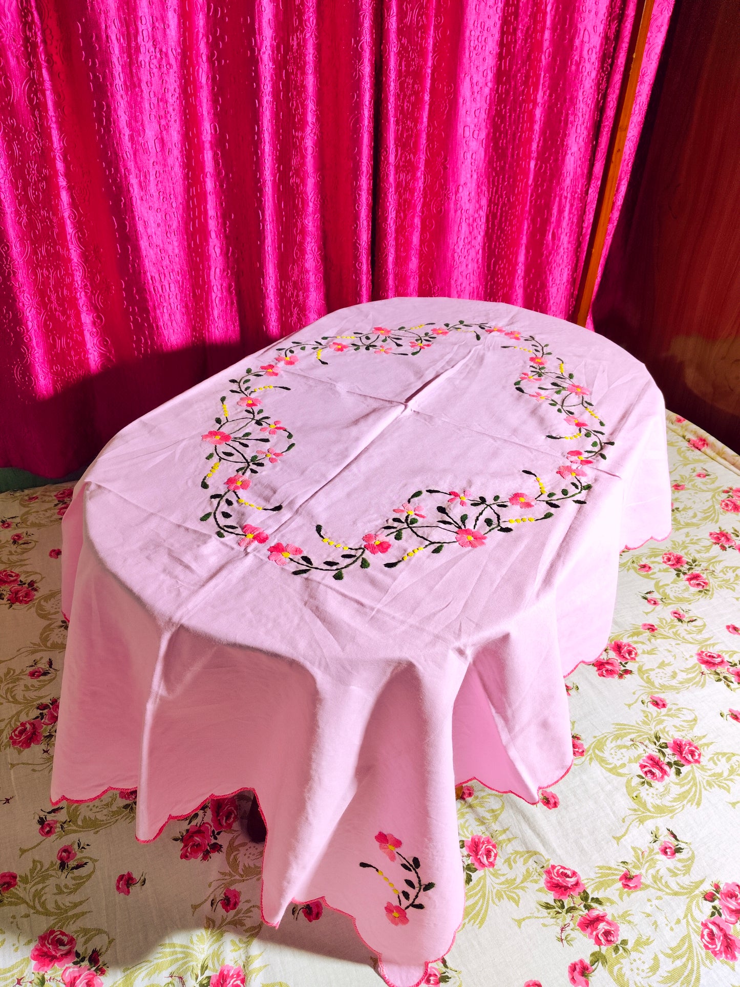 Hand Embroidered Floral Table Cover