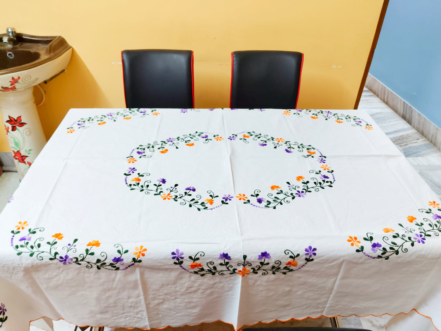Hand Embroidered Floral Table Cover