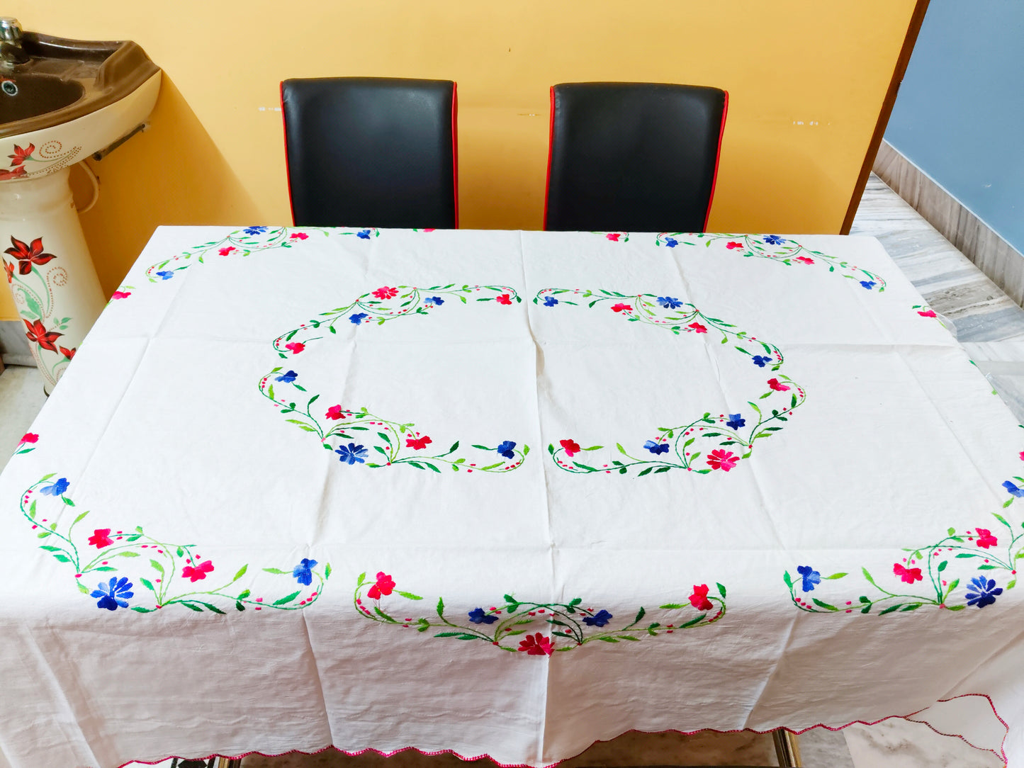 Hand Embroidered Floral Table Cover