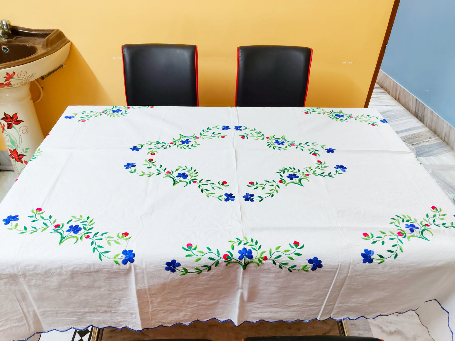 Hand Embroidered Floral Table Cover