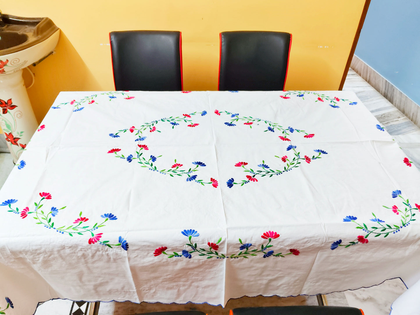 Hand Embroidered Floral Table Cover