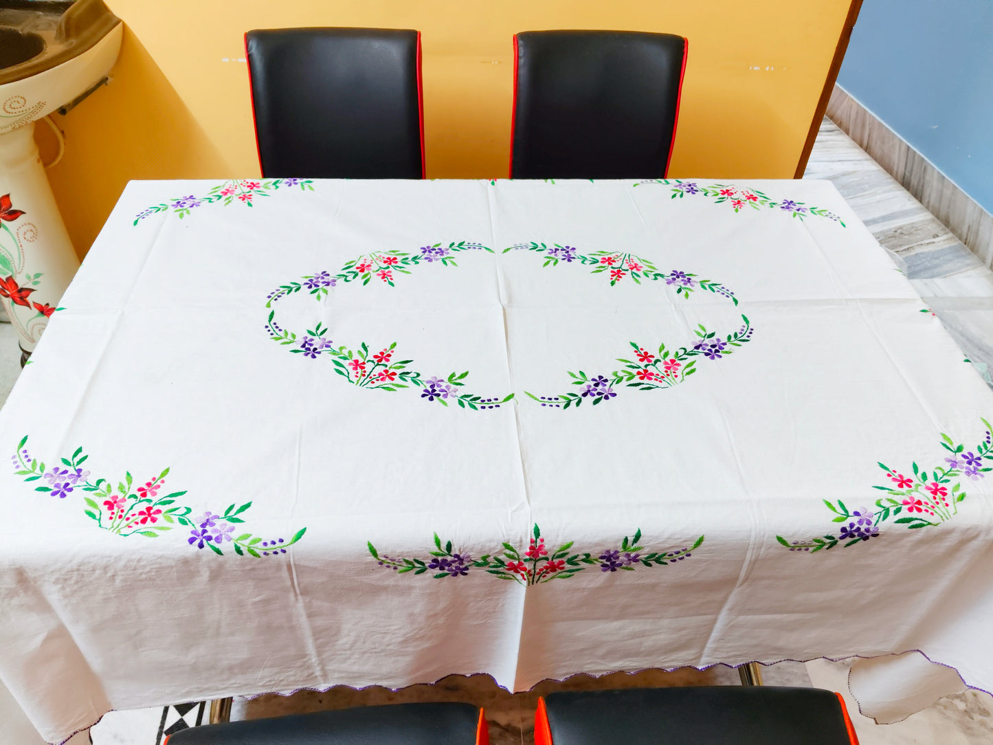 Hand Embroidered Floral Table Cover