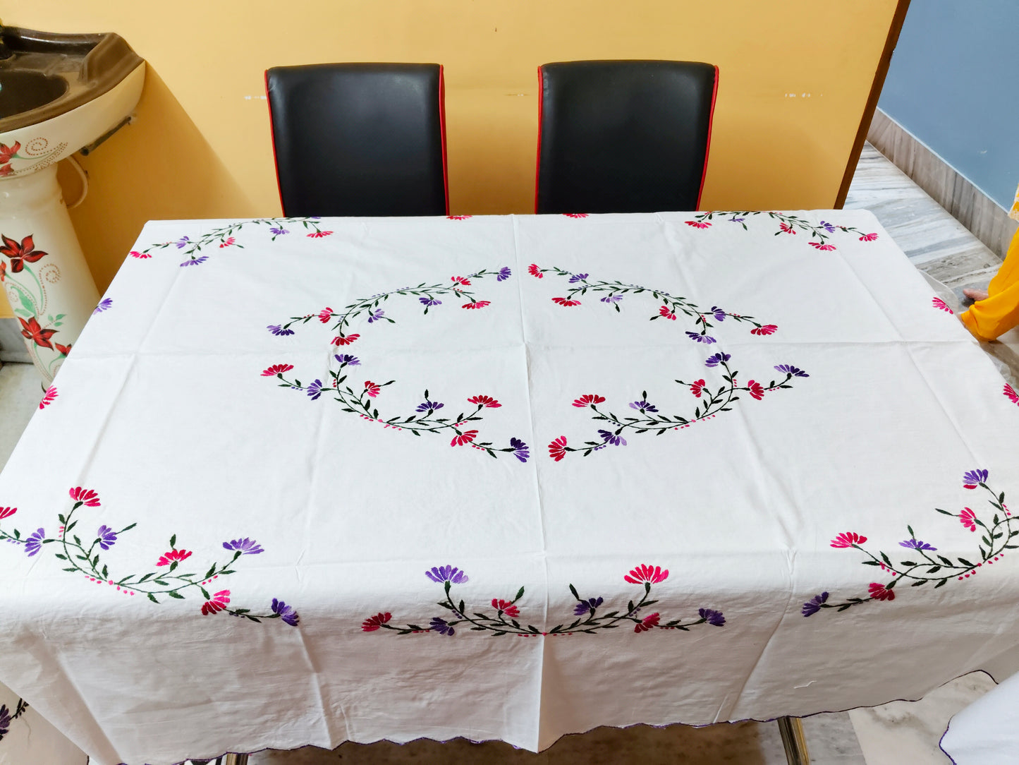 Hand Embroidered Floral Table Cover