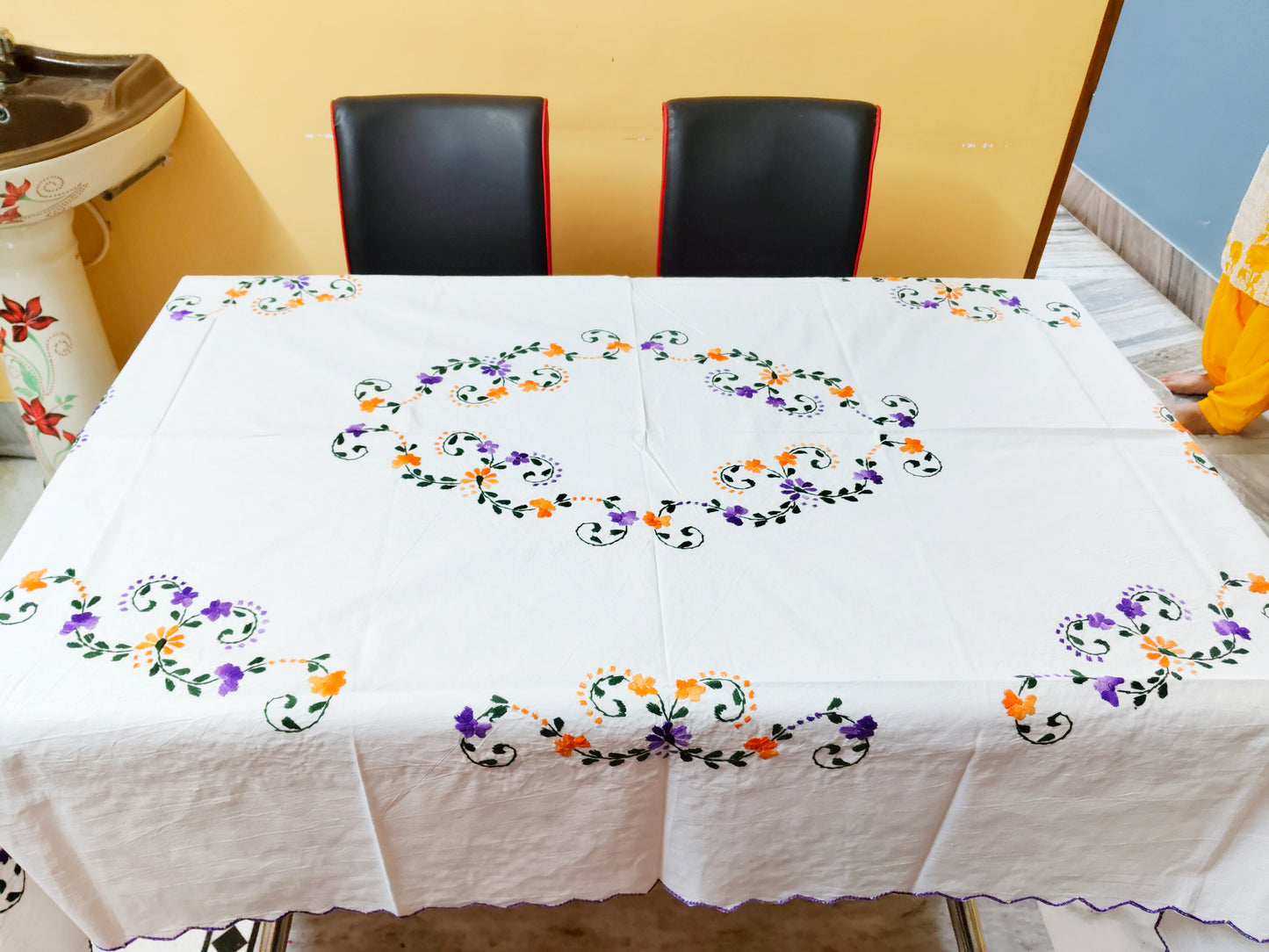 Hand Embroidered Floral Table Cover